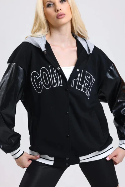 Unisex Complex Leather Sleeve Oversized College Jacket - GENEL MARKALAR