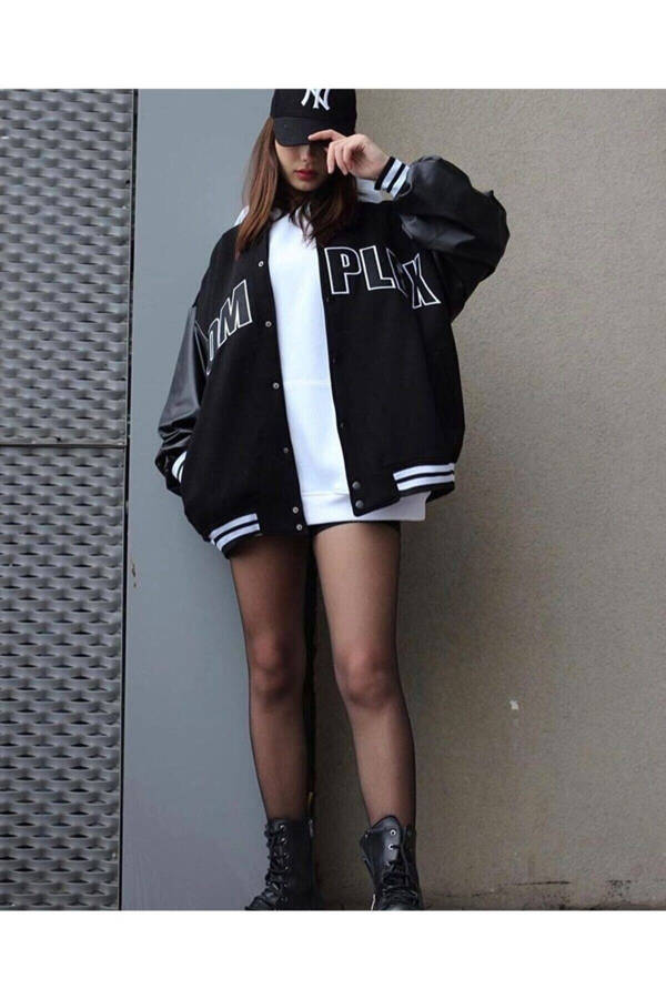 Unisex Complex Leather Sleeve Oversized College Jacket - 8