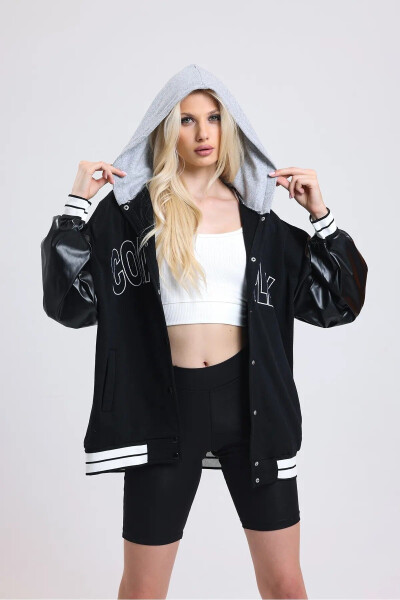 Unisex Complex Leather Sleeve Oversized College Jacket - 2