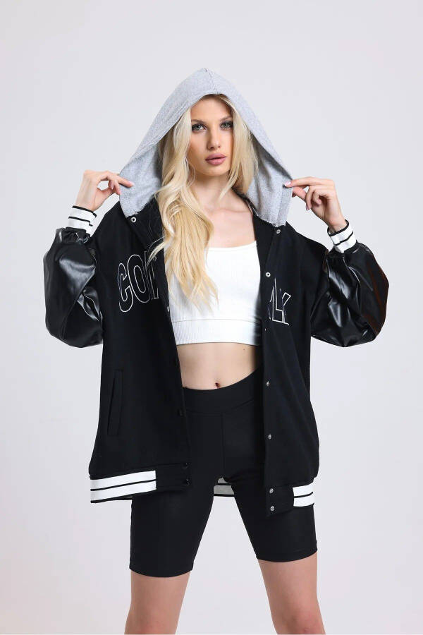 Unisex Complex Leather Sleeve Oversized College Jacket - 2