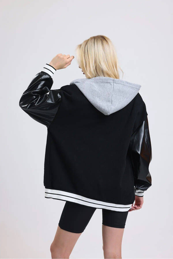 Unisex Complex Leather Sleeve Oversized College Jacket - 3