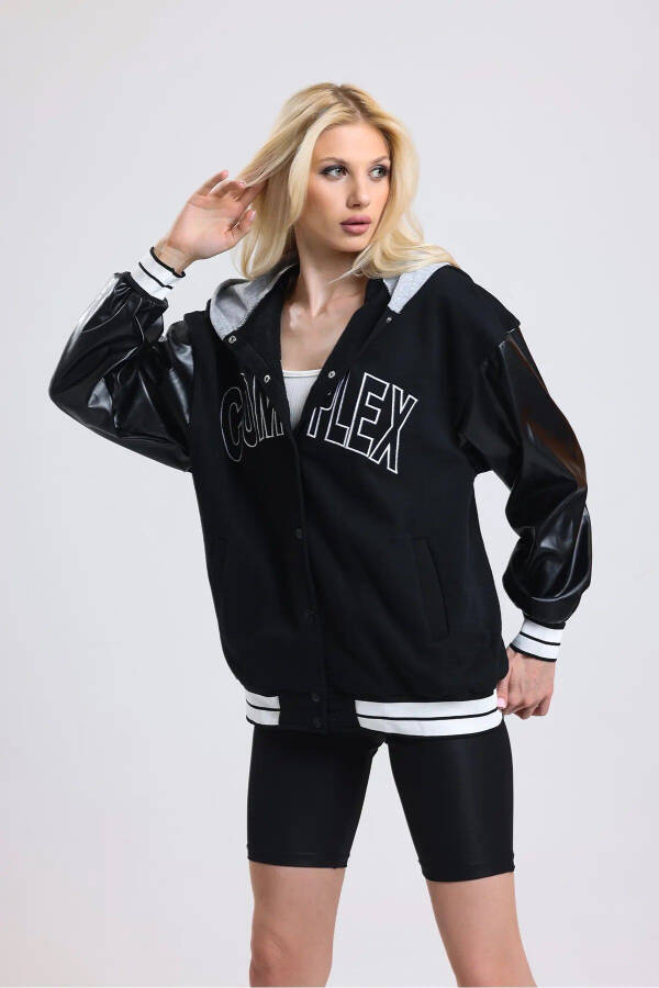 Unisex Complex Leather Sleeve Oversized College Jacket - 4