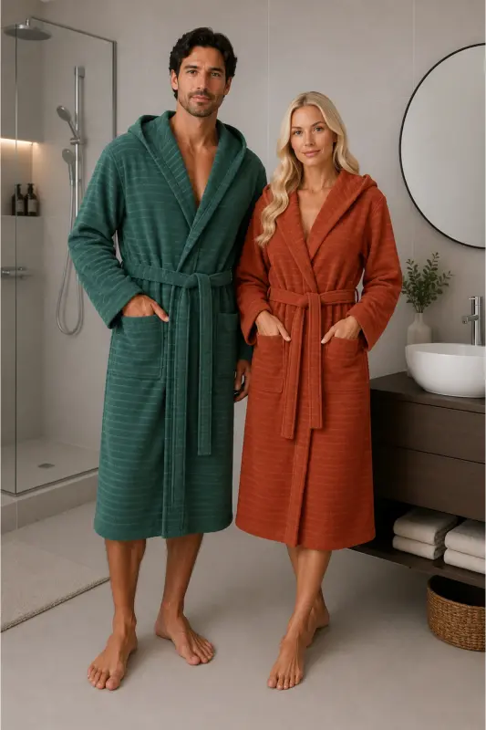 Unisex Cotton Double Bathrobe Set - Green - 1