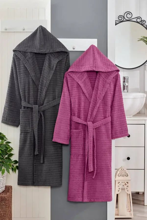 Unisex Cotton Plus Size Double Bathrobe Set-Anthracite - 1