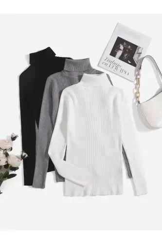 Unisex Cotton Turtleneck Ribbed Brushed Slim Fit Turtleneck Sweater-blackwhitegray1 - 3