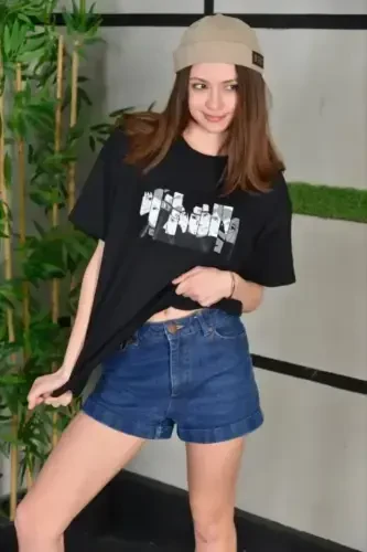 Unisex Crew Neck Printed Oversize T-Shirt - Black - 3