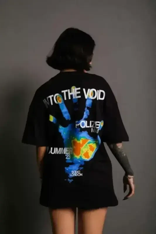 Unisex Crew Neck Printed Oversize T-Shirt - Black - 2