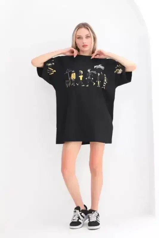 Unisex Crew Neck Printed Oversize T-Shirt - Black - BÜYÜKBEDENIZ