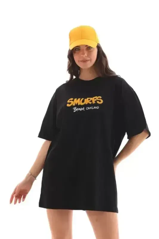 Unisex Crew Neck Printed Oversize T-Shirt - Black - 4