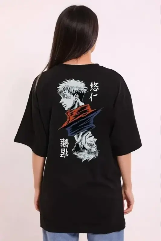 Unisex Crew Neck Printed Oversize T-Shirt - Black - 2