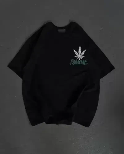 Unisex Crew Neck Printed Oversize T-Shirt - Black - 1