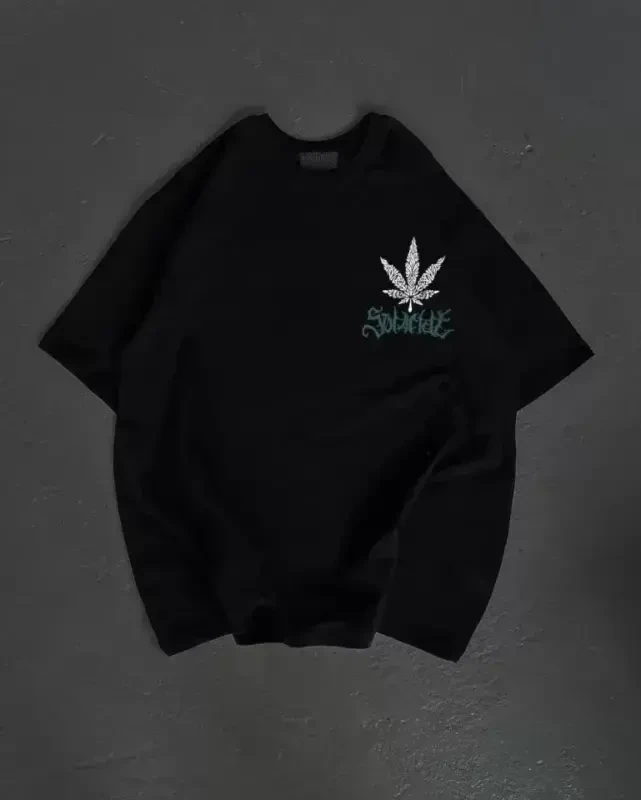 Unisex Crew Neck Printed Oversize T-Shirt - Black - 1