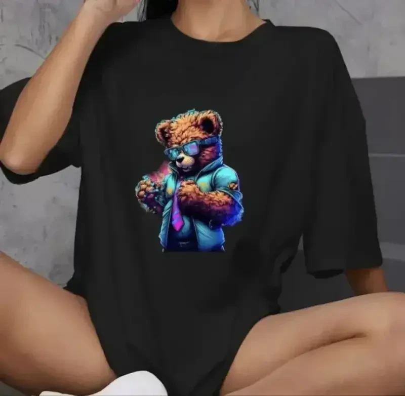 Unisex Crew Neck Printed Oversize T-Shirt - Black - 1