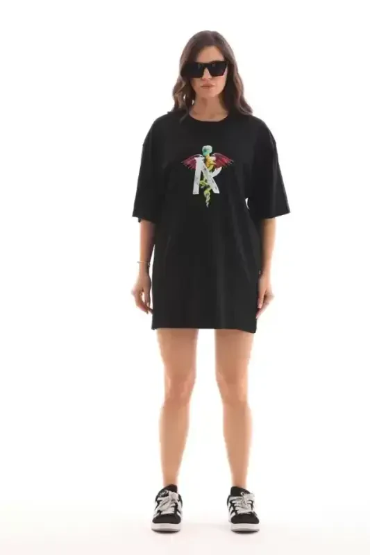 Unisex Crew Neck Printed Oversize T-Shirt - Black - 1