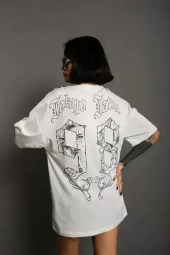 Unisex Crew Neck Printed Oversize T-Shirt - White - 3