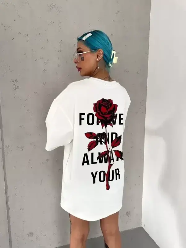 Unisex Crew Neck Printed Oversize T-Shirt - White - 2