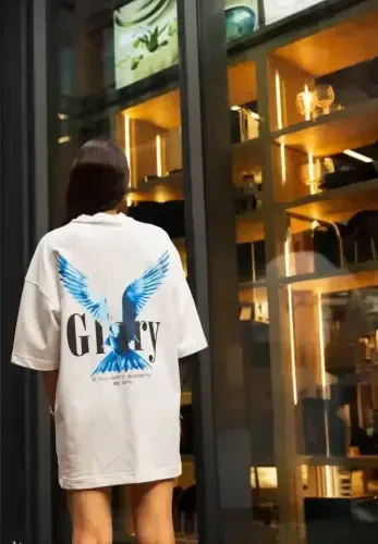 Unisex Crew Neck Printed Oversize T-Shirt - White - 2