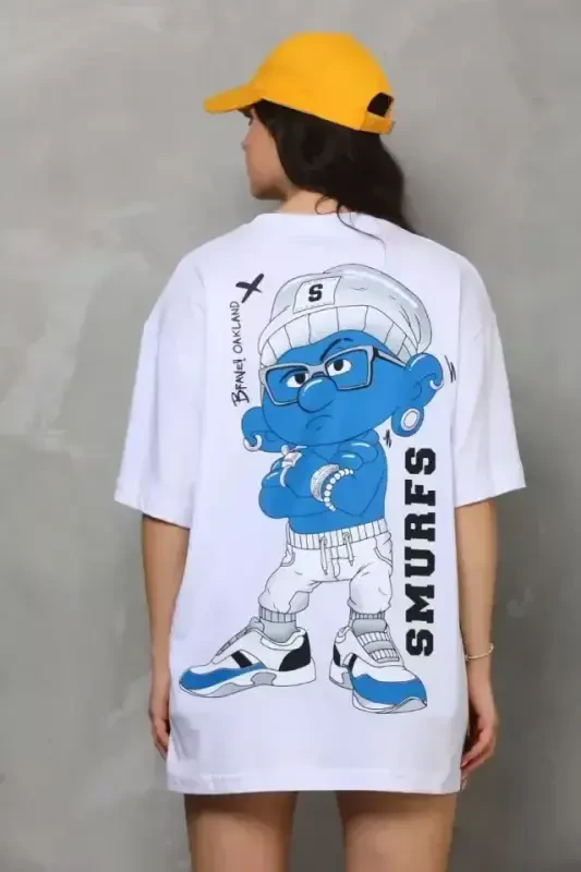 Unisex Crew Neck Printed Oversize T-Shirt - White - 4