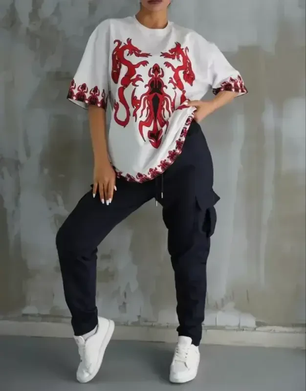 Unisex Crew Neck Printed Oversize T-Shirt - White - 2