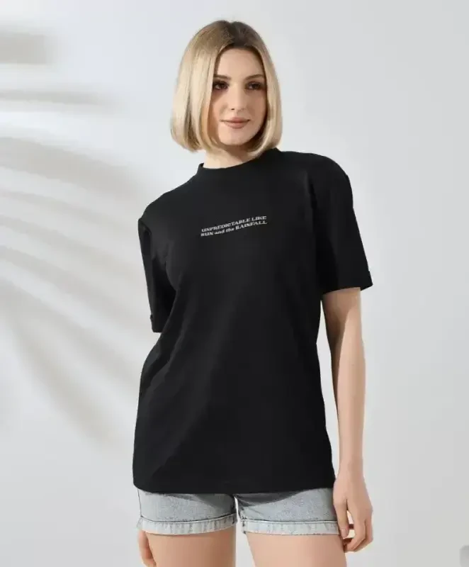 Unisex Crew Neck Printed Slim Fit T-Shirt - Black - 1