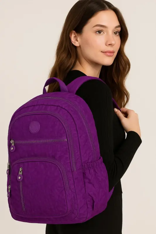 Unisex Crinkle Waterproof Fabric Large Multi-Pocket School and Travel Backpack Cty-lbn-101-Purple - 1