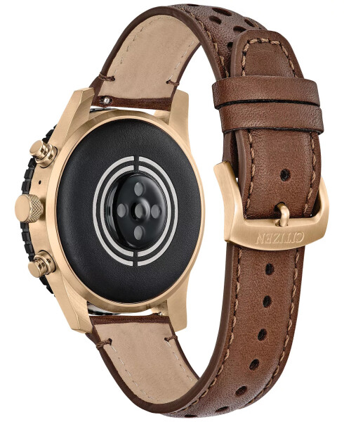 Unisex CZ Smart Wear OS Brown Perforated Leather Strap Smart Watch 45mm Rose Gold-tone - 3