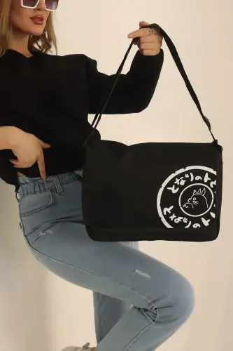 Unisex Desenli Postacı Çanta Sokak Tarzı - Beyaz desenli siyah çanta - 1