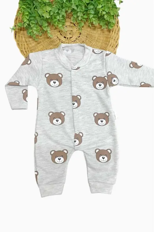 Unisex Детский Комбинезон с Мишкой, 100% Хлопок, Эластичный, 1-3-6 Месяцев - СЕРО-БЕЛЫЙ - 2