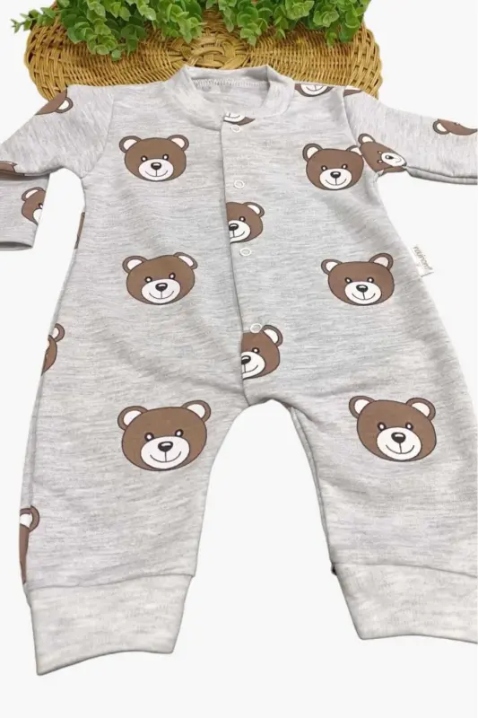 Unisex Детский Комбинезон с Мишкой, 100% Хлопок, Эластичный, 1-3-6 Месяцев - СЕРО-БЕЛЫЙ - 3