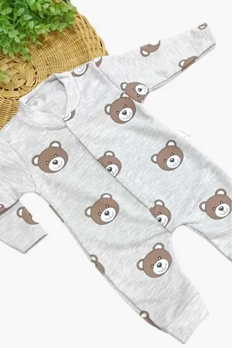 Unisex Детский Комбинезон с Мишкой, 100% Хлопок, Эластичный, 1-3-6 Месяцев - СЕРО-БЕЛЫЙ - 4