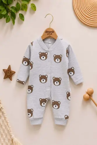 Unisex Детский Комбинезон с Мишкой, 100% Хлопок, Эластичный, 1-3-6 Месяцев - СЕРО-БЕЛЫЙ 