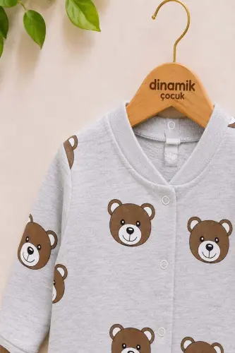 Unisex Детский Комбинезон с Мишкой, 100% Хлопок, Эластичный, 1-3-6 Месяцев - СЕРО-БЕЛЫЙ - DINAMIK ÇOCUK (1)