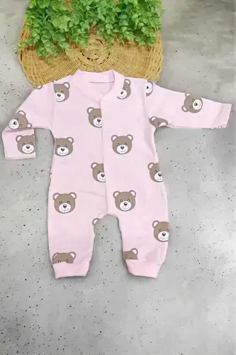 Unisex Детский Комбинезон с Мишкой, 100% Хлопок, Гибкий, 1-3-6 Месяцев - РОЗОВЫЙ МИШКА - DINAMIK ÇOCUK (1)