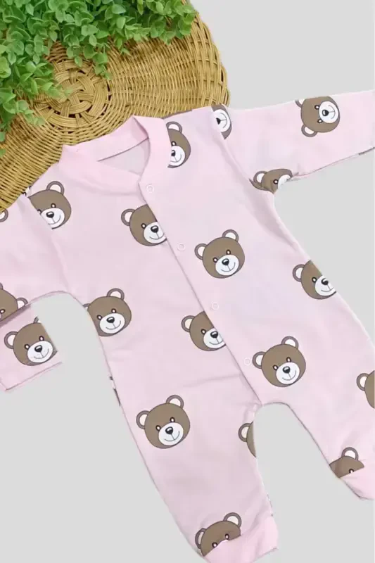 Unisex Детский Комбинезон с Мишкой, 100% Хлопок, Гибкий, 1-3-6 Месяцев - РОЗОВЫЙ МИШКА - 4