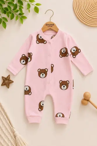 Unisex Детский Комбинезон с Мишкой, 100% Хлопок, Гибкий, 1-3-6 Месяцев - РОЗОВЫЙ МИШКА 