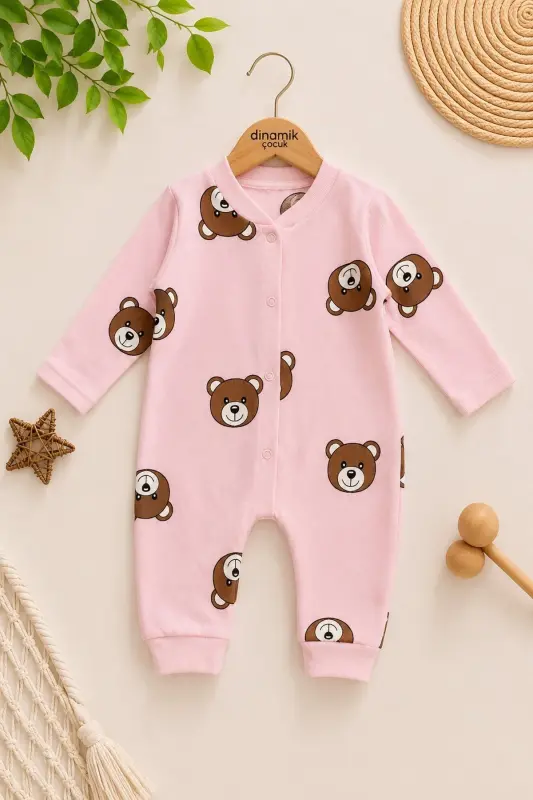 Unisex Детский Комбинезон с Мишкой, 100% Хлопок, Гибкий, 1-3-6 Месяцев - РОЗОВЫЙ МИШКА - 1