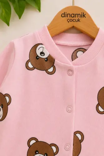 Unisex Детский Комбинезон с Мишкой, 100% Хлопок, Гибкий, 1-3-6 Месяцев - РОЗОВЫЙ МИШКА - DINAMIK ÇOCUK (1)