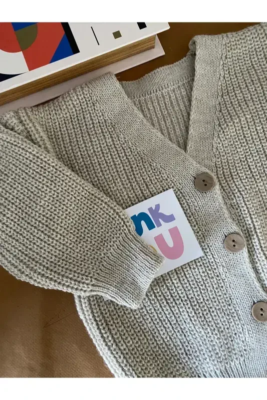 Unisex Düğmeli Selanik Örgü Hırka Bej Rengi-TAŞ RENGİ BEJ - 2