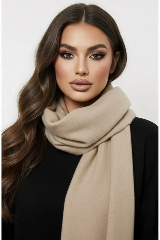Unisex Düz Bej Kalın Atkı - Bej - 2