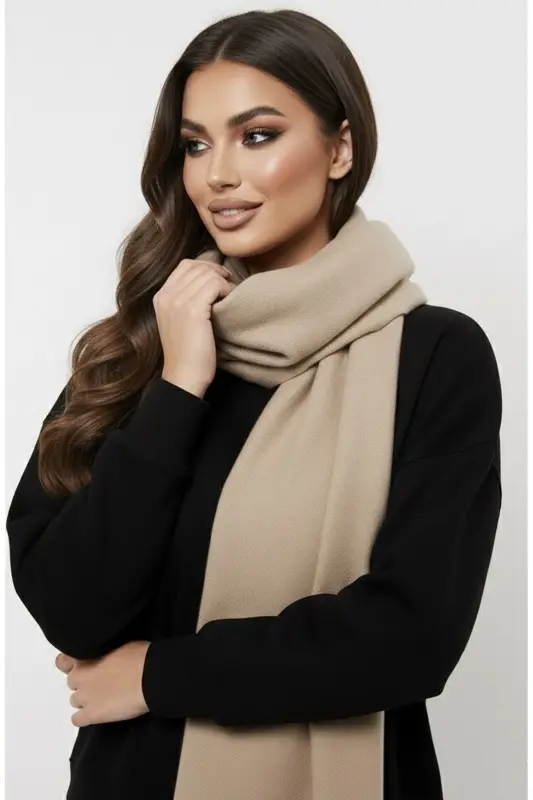 Unisex Düz Bej Kalın Atkı - Bej - 3