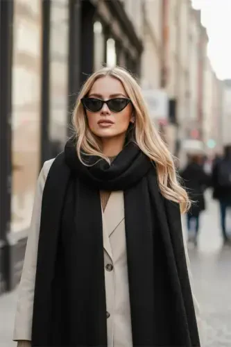 Unisex Düz Siyah Kalın Atkı-Siyah - 6