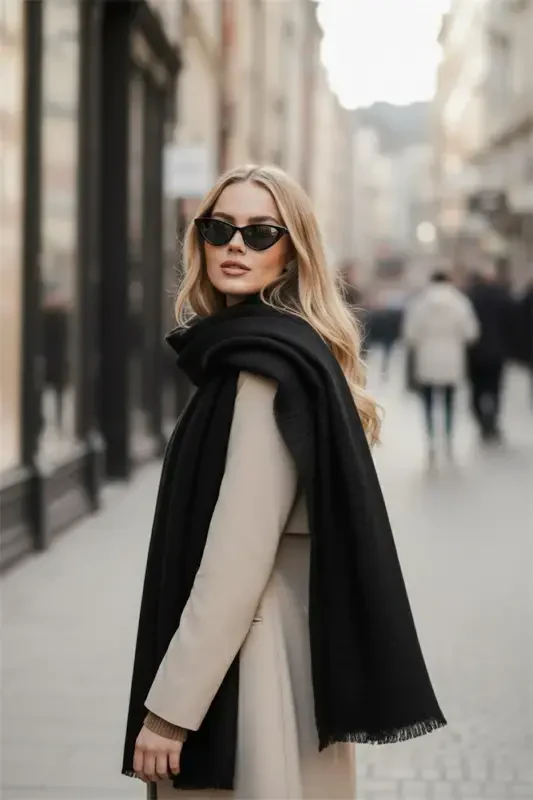 Unisex Düz Siyah Kalın Atkı-Siyah - 7