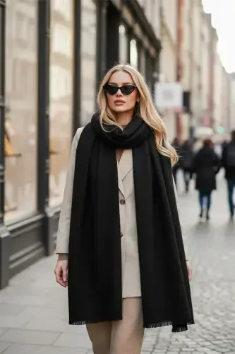 Unisex Düz Siyah Kalın Atkı-Siyah - 8