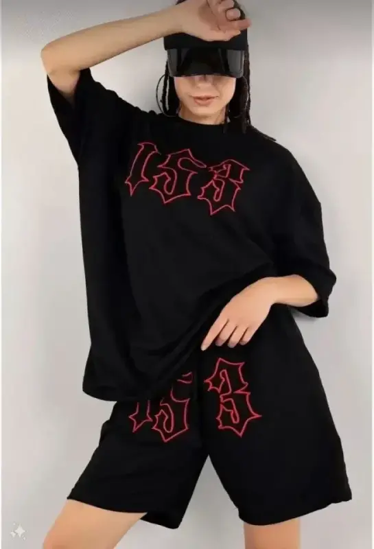 Unisex Embroidered Shorts Set - Black - BÜYÜKBEDENIZ