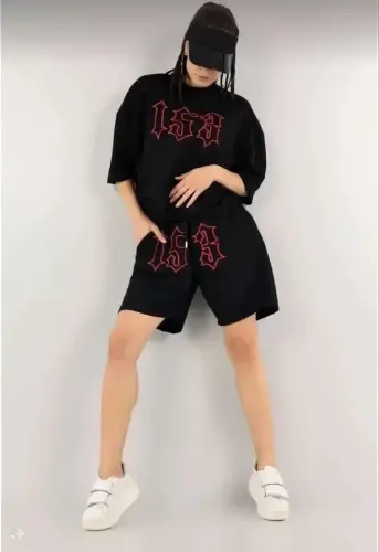 Unisex Embroidered Shorts Set - Black - BÜYÜKBEDENIZ (1)