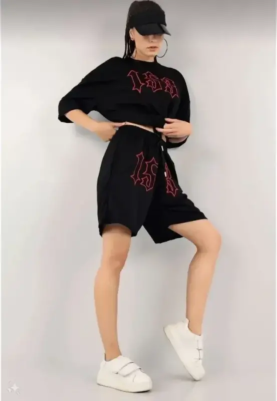 Unisex Embroidered Shorts Set - Black - 3