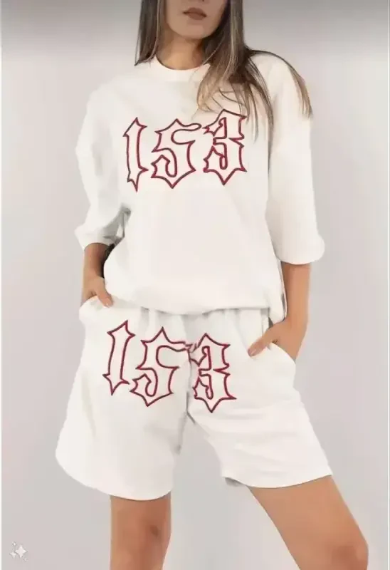 Unisex Embroidered Shorts Set - White - BÜYÜKBEDENIZ