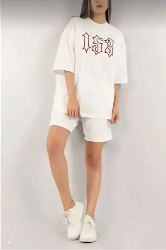 Unisex Embroidered Shorts Set - White - 2