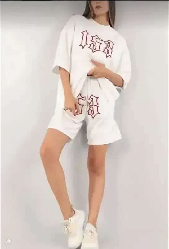 Unisex Embroidered Shorts Set - White - 3