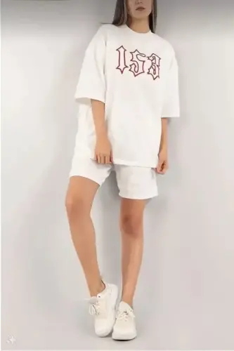 Unisex Embroidered Shorts Set - White - BÜYÜKBEDENIZ (1)